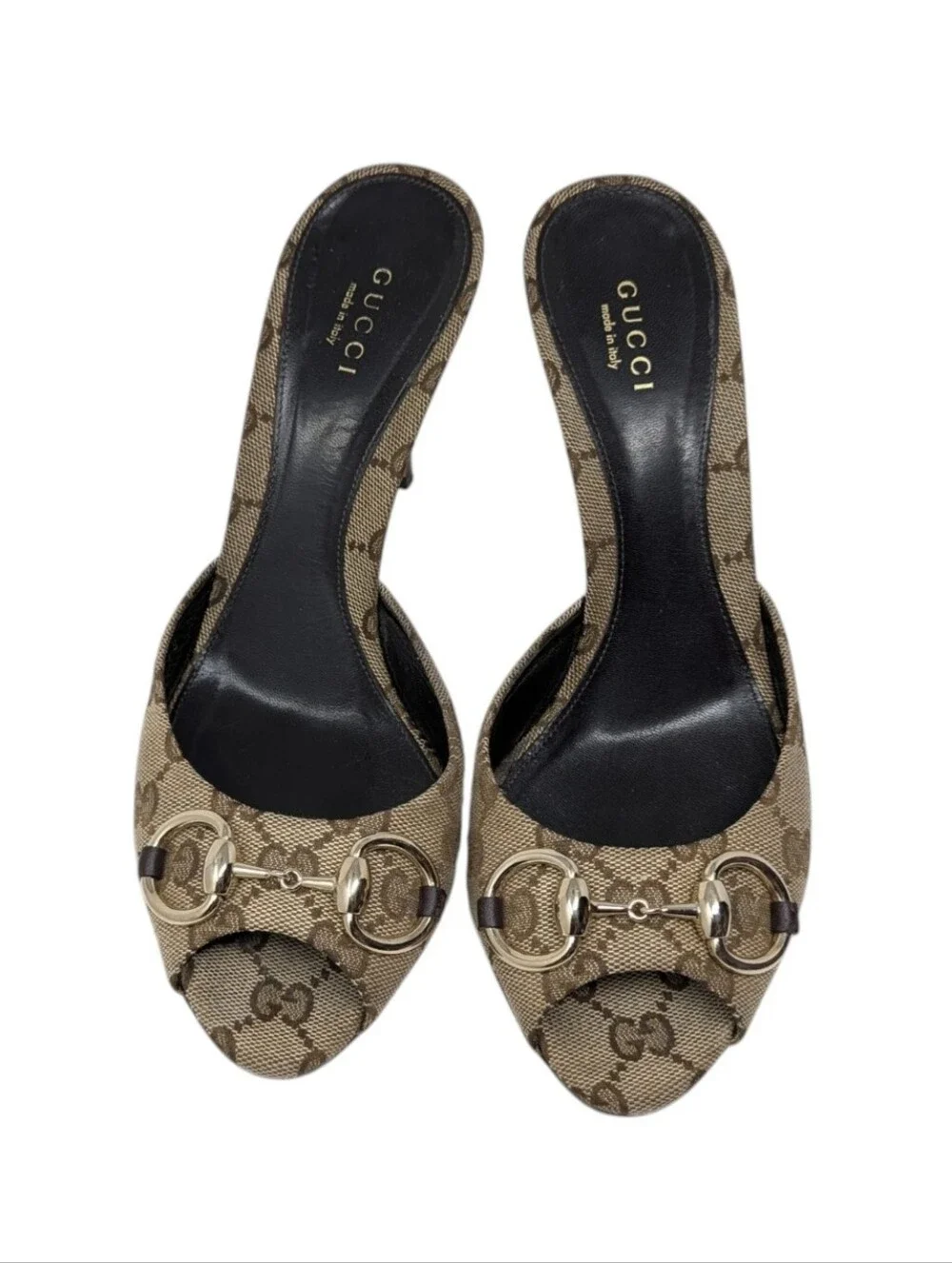Gucci Erin Monogram Horsebit Peep Toe Dress Up Mule Sandal Size EU 38